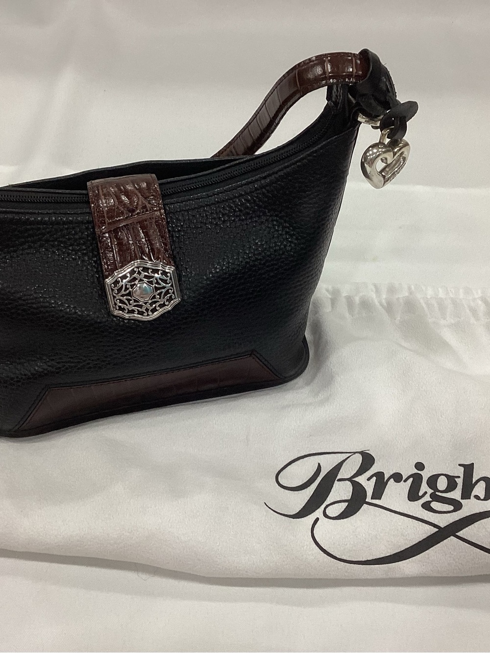 Brighton Black Pebbled Leather Shoulder Bag with Brown Croc-Trim and Heart Charm